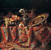 Jacques Hupin A still life of peaches, grapes and pomegranates in a pewter bowl, an ornate ormolu plate and ewers, all resting on a table draped with a carpet Spain oil painting artist